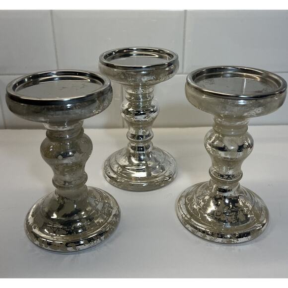 3 VTG Crate and Barrel‎ Mercury Glass Pillars Candle Holders 6.5” - Picture 1 of 6